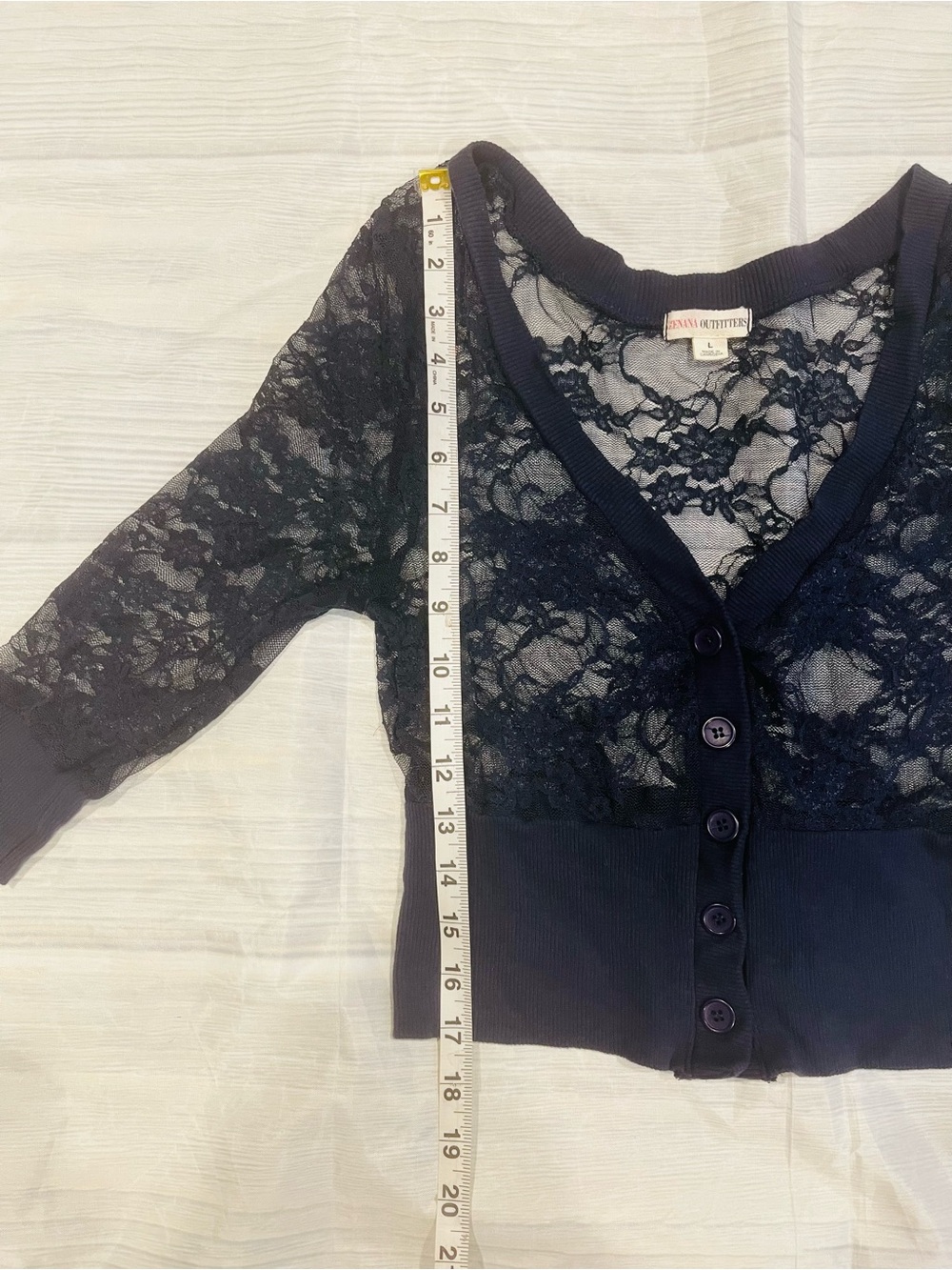Zenana Outfitters Lace Navy Floral Button-Front Crop Top Cardigan - Picture 9 of 10